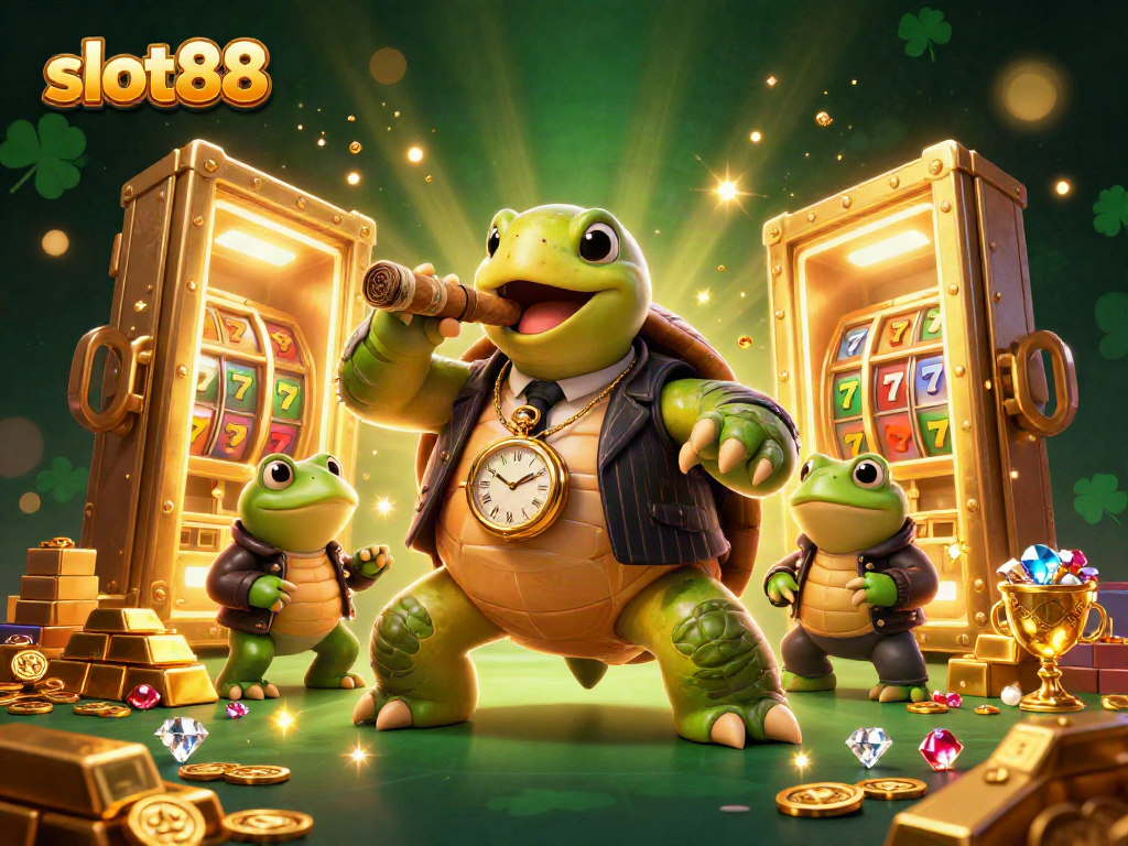 Win big with vibrant slot88 themed 3D cartoon illustration featuring a turtle mobster and bullfrog enforcers.