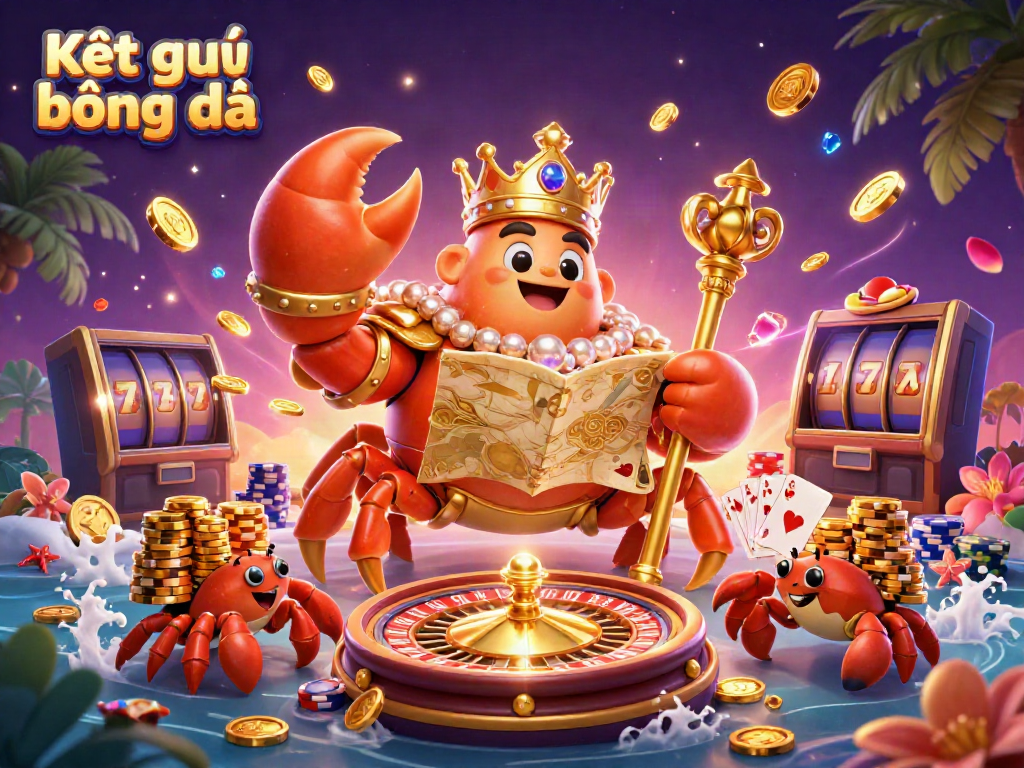 Capture Kết quả bóng đá with a vibrant scene featuring a massive crab emperor, treasure map, and gambling elements.