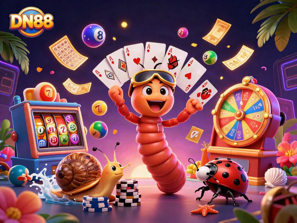 Engage with the excitement of DN88 casino gaming showcased in a vibrant 3D scene.