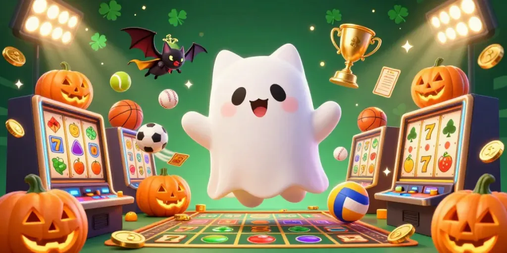 Experience thrilling gameplay with Sunwin, featuring a ghost cat and bat in an animated casino scene filled with games.