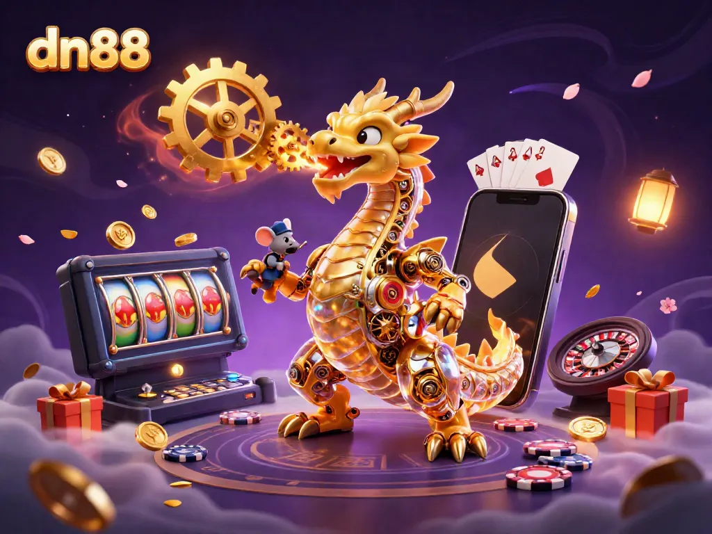 Engage with dn88's thrilling casino atmosphere featuring vibrant games and a mechanical dragon.