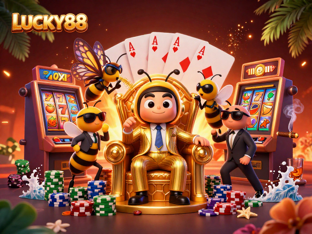 Experience the excitement of LUCKY88 with a buzzing scene featuring a mob boss and colorful slot machines.