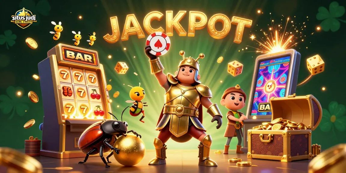 Experience the thrill of situs judi bola resmi with a winning beetle character lifting a poker chip in victory.