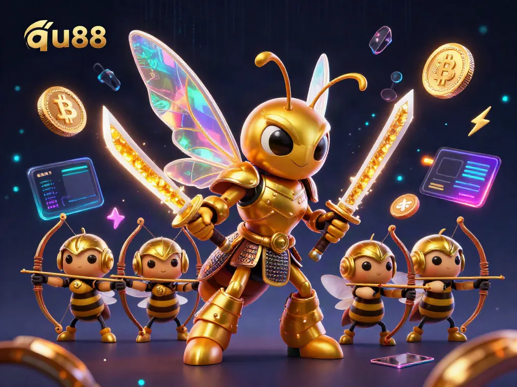 Engage with the dynamic au88 gaming scene featuring a golden hornet and crypto elements.