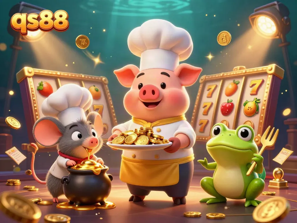 Experience winning at qs88 with a vibrant 3D casino scene featuring a chef pig and gold coins.