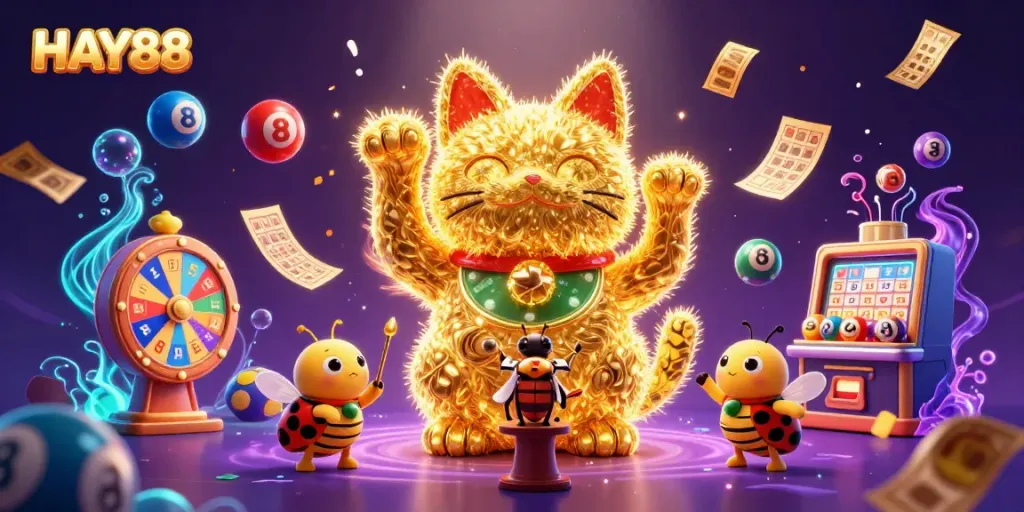 Engage with the vibrant world of HAY88, featuring a lucky cat and animated casino elements.