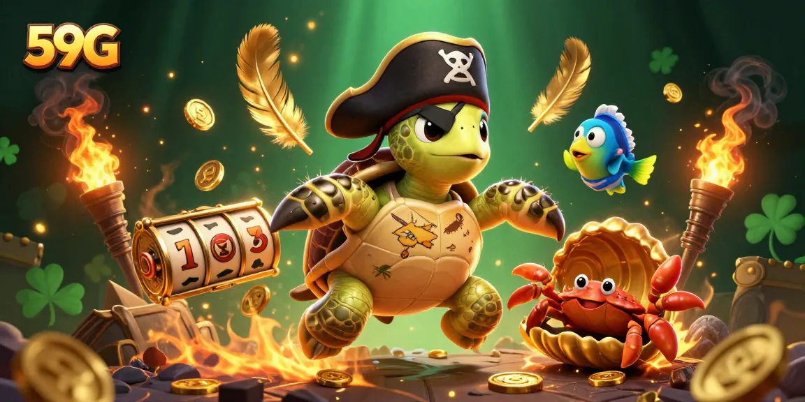Engage in winning strategies at 59G with cartoon pirate turtle, hermit crab, and parrotfish amid a treasure scene.