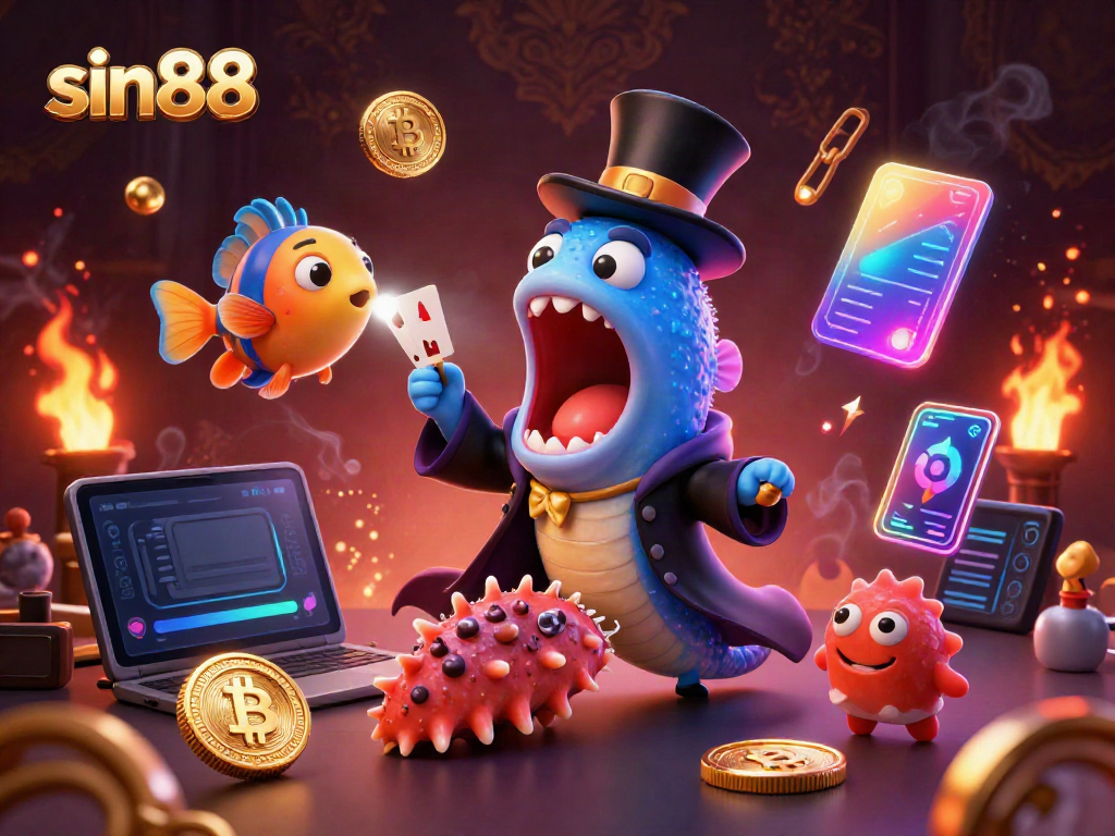 sin88 showcases vibrant casino action with a deep-sea creature magician performing card tricks.