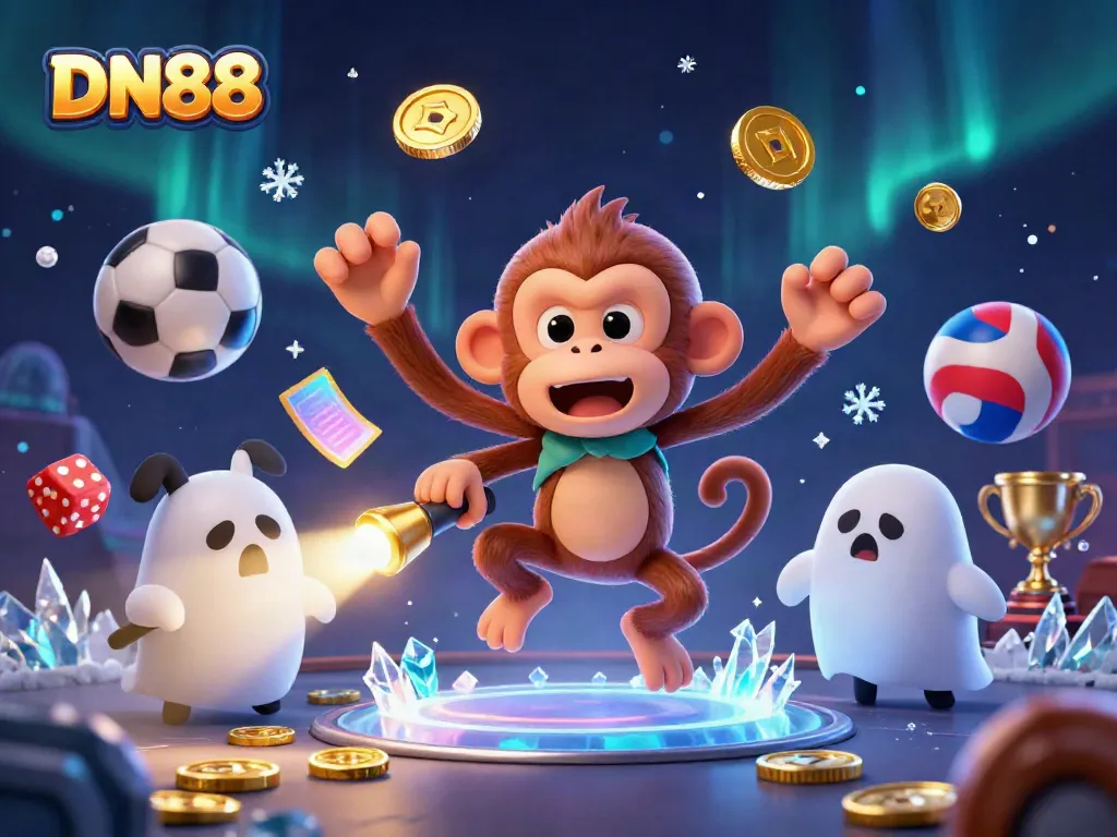 Dive into the excitement at DN88 with a mischievous poltergeist monkey and a ghost-hunter puppy in a haunted casino scene.