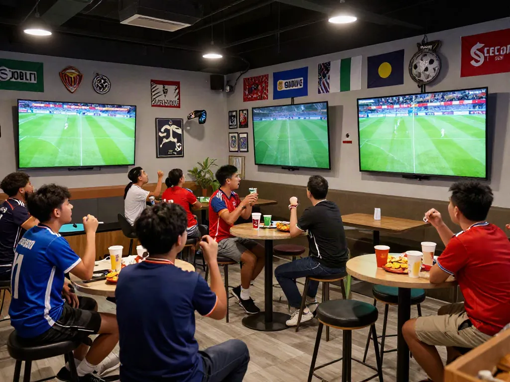 Excited fans enjoying live soccer at Socolive's vibrant sports lounge.