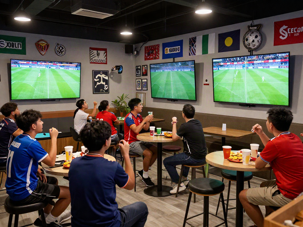 Excited fans enjoying live soccer at Socolive's vibrant sports lounge.