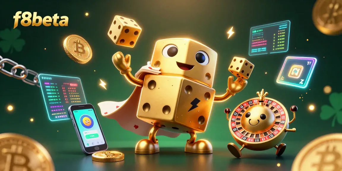 Engage with the f8beta adventure featuring a golden dice golem and crypto-themed elements.