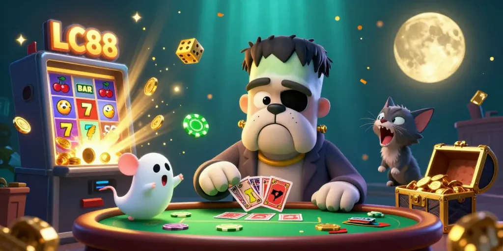 Experience a thrilling casino scene at LC88 with a Frankenstein bulldog, ghost mouse, and werewolf kitten amongst vibrant games and colorful effects.