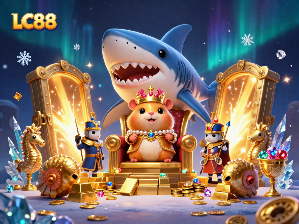 Engage with the thrilling world of LC88 online casino featuring its fierce golden hamster king amidst riches.