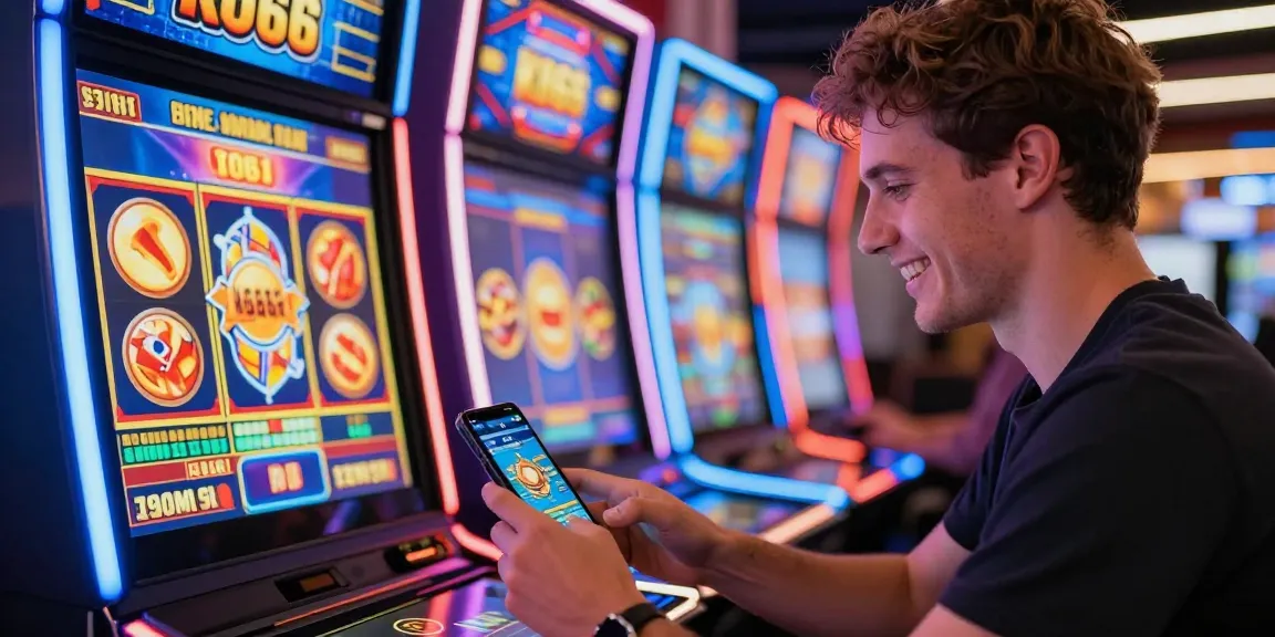 Enthusiastic player engaging with the KO66 online gaming app in a vibrant casino-inspired atmosphere.