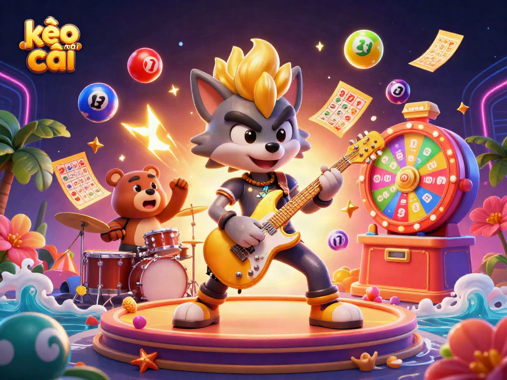 Vivid illustration showcasing kèo nhà cái with a rock star wolf and drummer bear on a casino stage.