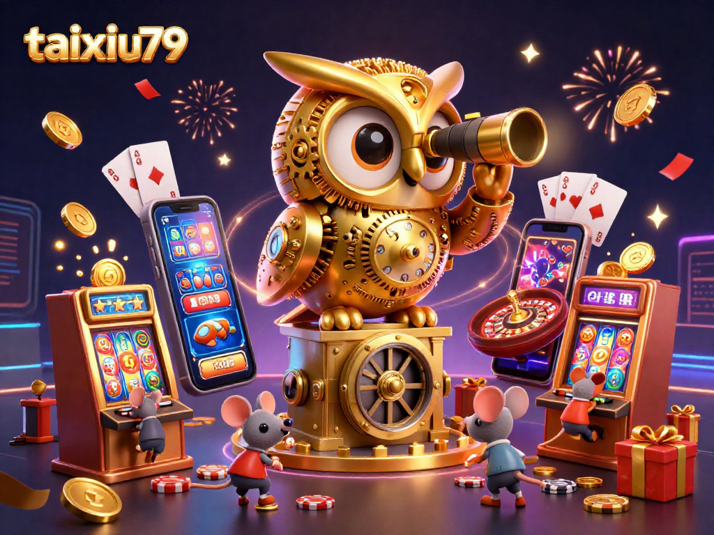 Engage in exciting gameplay with taixiu79's immersive 3D casino experience featuring a golden owl observing gaming actions.