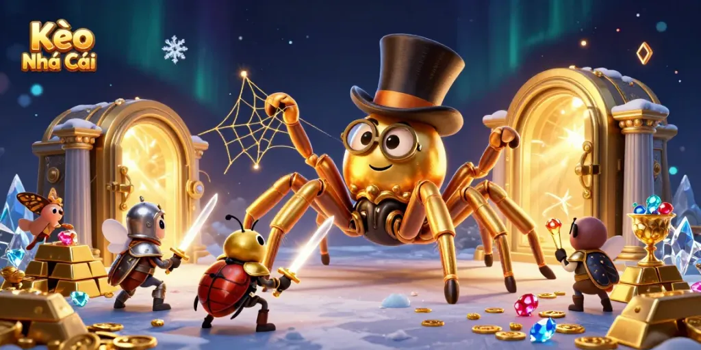 Kèo Nhà Cái scene showcasing a golden tarantula, beetle knight, and moths in a vibrant casino setting.