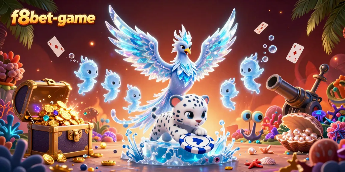 Experience the thrill of f8bet-game where an ice phoenix, snow leopard cub, and glowing ice sprites gather in an enchanting casino world.