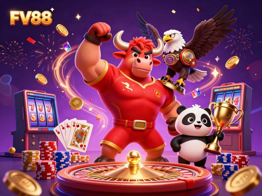 Experience excitement with FV88 as the bull mascot triumphantly celebrates, amidst vibrant casino elements.