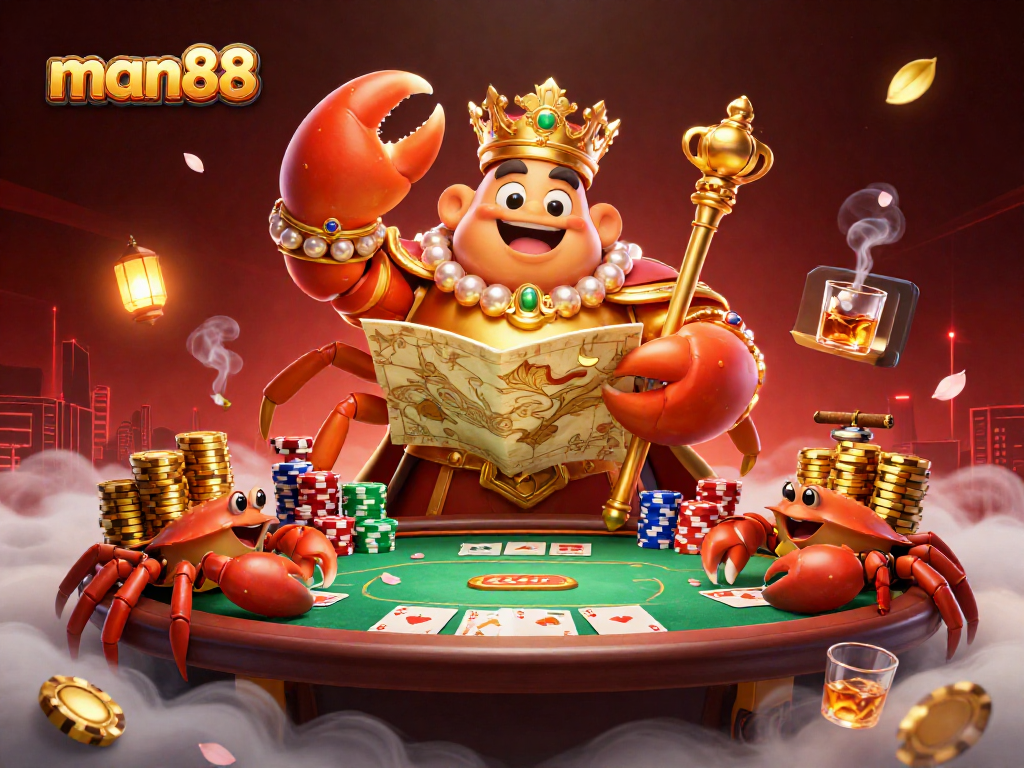 man88 features a golden crab emperor amidst dynamic casino elements, showcasing thrilling gambling action.