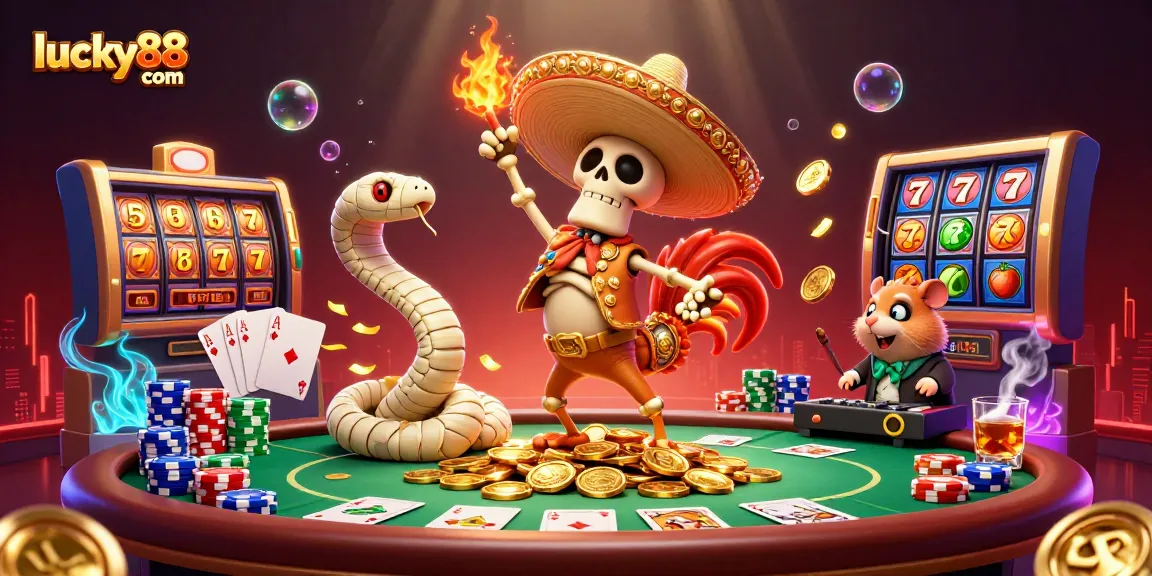 Experience slot wins at lucky88 com with a vibrant 3D illustration featuring gaming elements and dynamic characters.