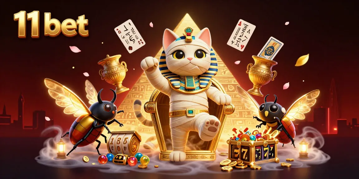 Engage in thrilling action at 11 bet featuring a mummy cat and casino elements.