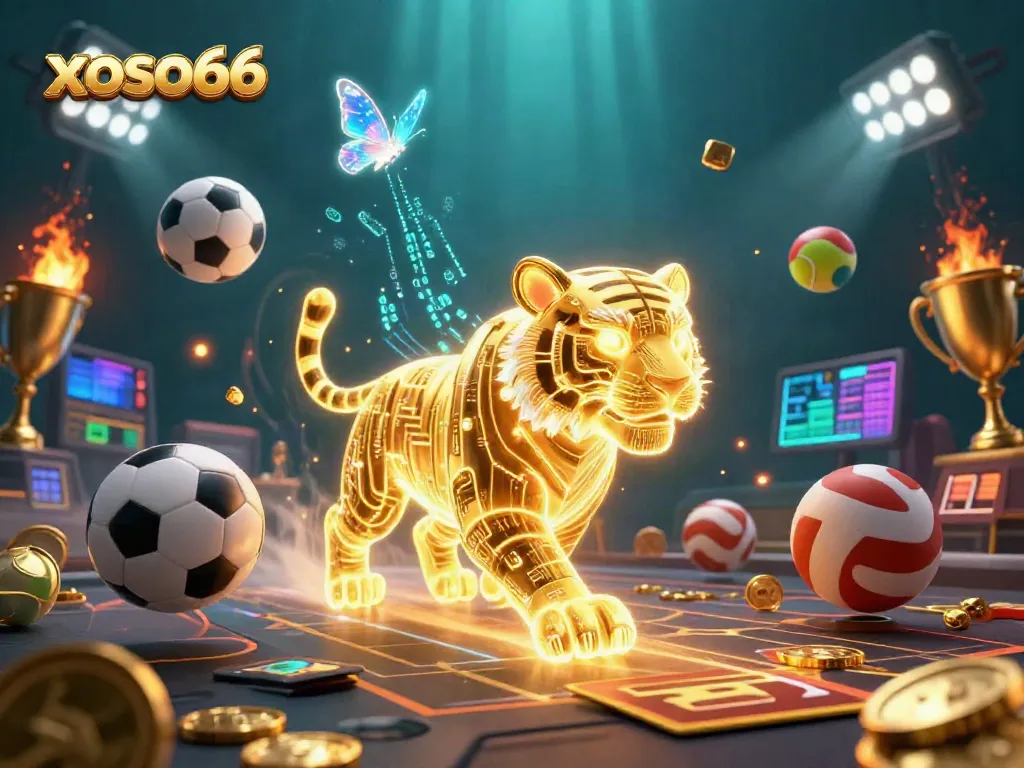 Play exciting games at xoso66, featuring vibrant digital landscapes with sports elements and a golden tiger.