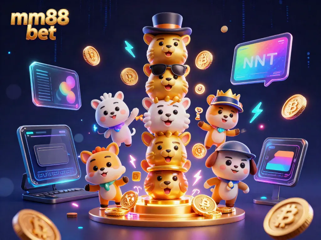 Win big with mm88 bet in this vibrant 3D casino illustration featuring colorful animated elements.