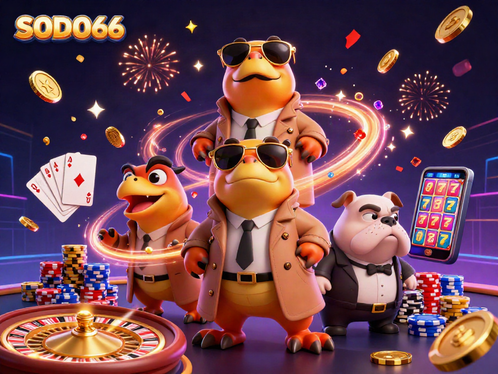 Experience the magic of SODO66 with cartoon raptors entering a VIP casino, surrounded by excitement.