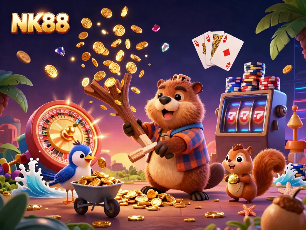 Spin into action with NK88 as the beaver collects golden coins and poker chips in a vibrant casino scene.