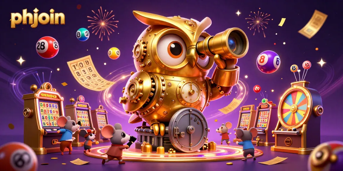 Spin and win with phjoin – a lively casino illustration featuring a golden owl and vibrant game elements.
