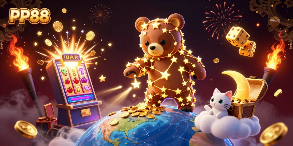 Players enjoy thrilling wins at PP88, surrounded by vibrant slot machines, golden coins, and dynamic casino action.