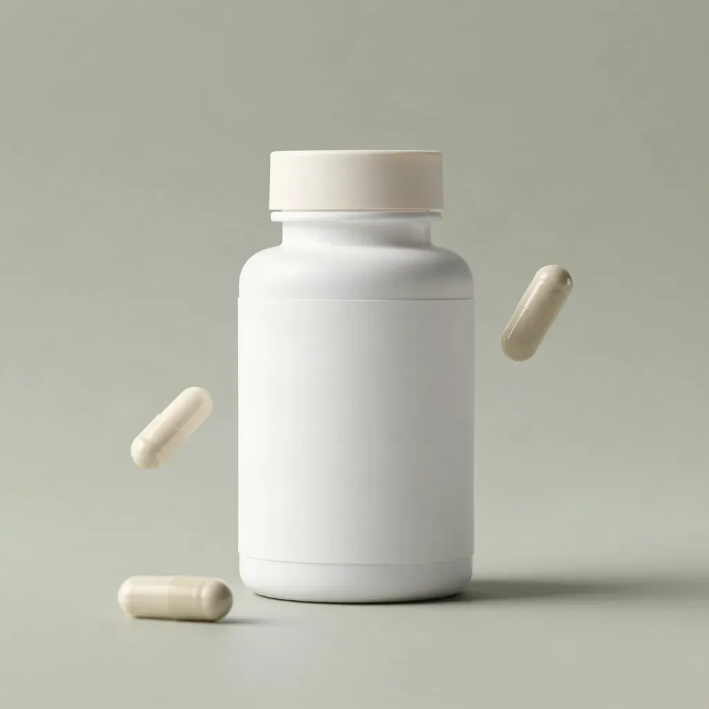 Blank capsule bottle hovering on sage mist with three loose capsules around it.