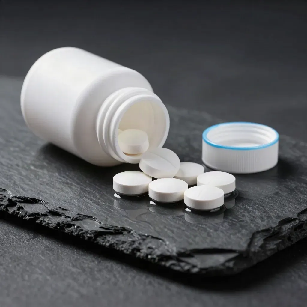 White vitamin C bottle and tablets skimming on wet slate in a dark studio