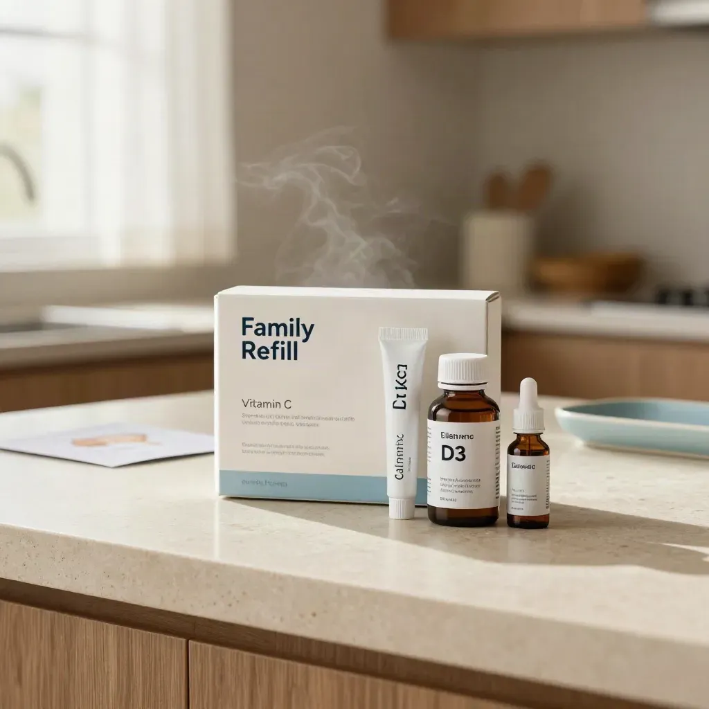 Immune refill pack with supplements on a limestone kitchen island in soft daylight.