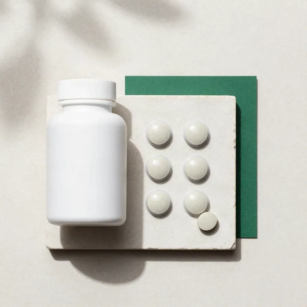 Overhead flatlay of zinc tablets, bottle and blister strip on off-white stone with one tablet near the edge.
