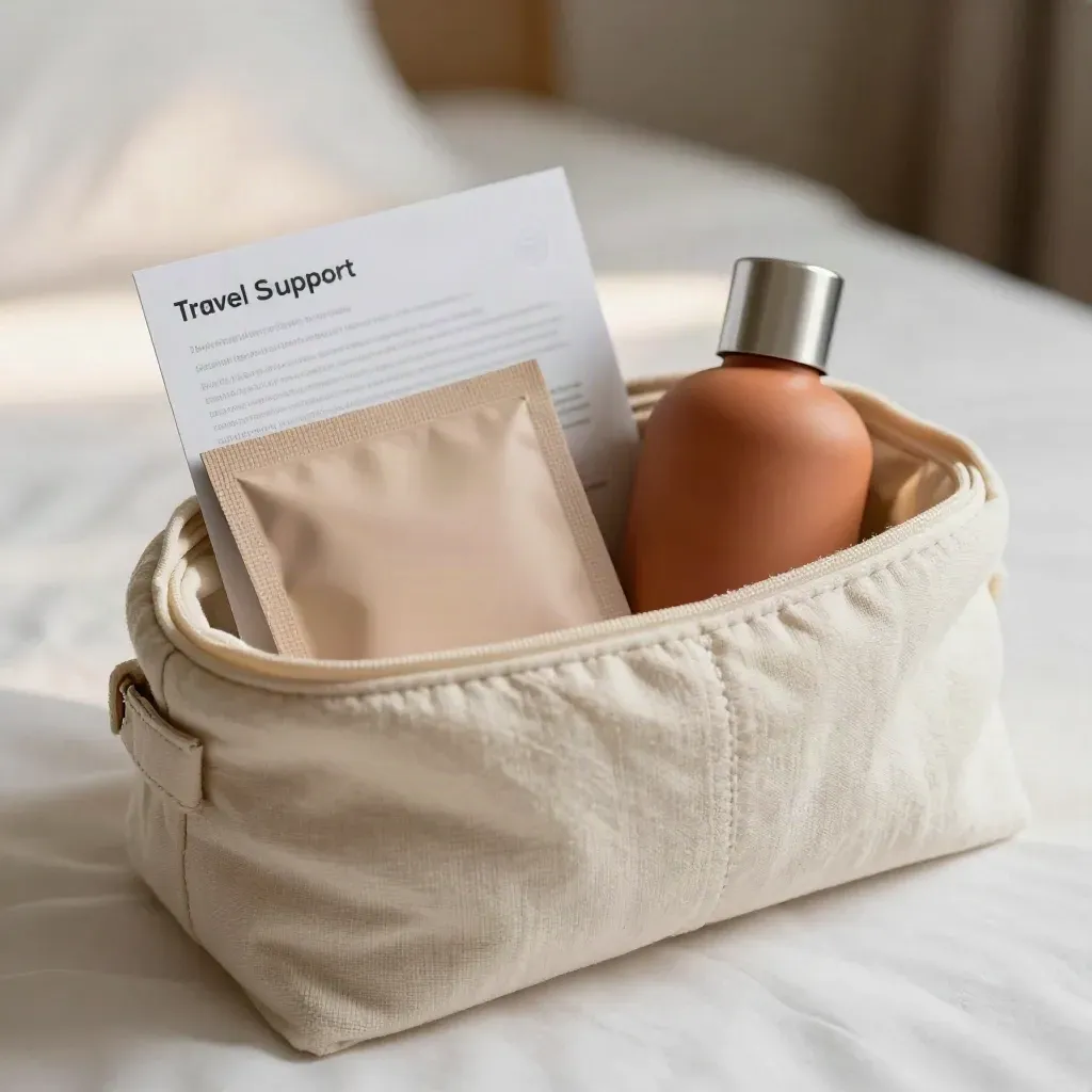 Travel support pack with sachets, compact bottle and wash bag on pale travel fabric