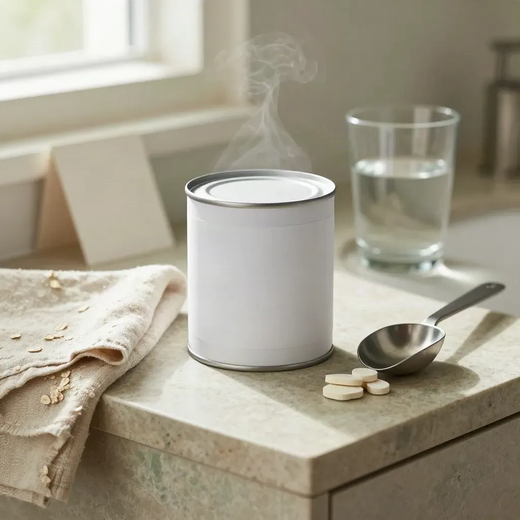 Zinc supplement jar, linen square, steel scoop and tablets on a softly lit limestone vanity.