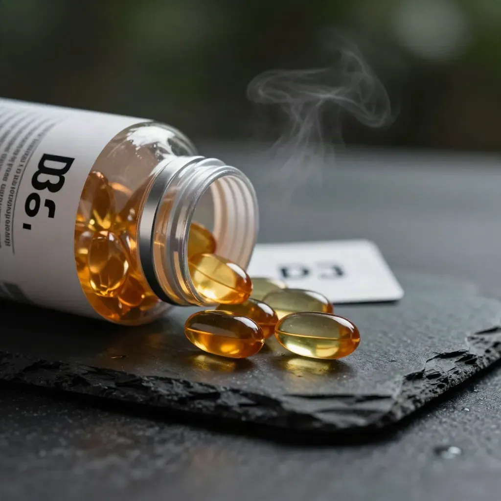 Amber D3 softgels and an unbranded bottle on dark slate with green-tinted rim light.