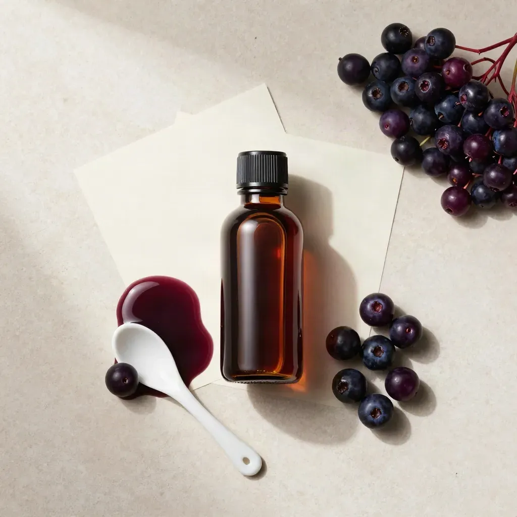 Overhead flatlay of elderberry syrup, berries and spoon on pale stone.