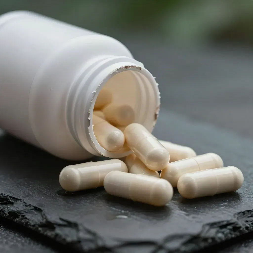 Matte probiotic bottle on slate with cream capsules fanned around it