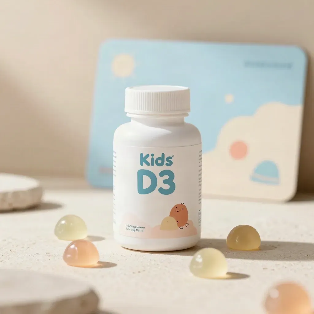 Unbranded D3 gummies bottle with pastel gummies bursting around it on pale stone