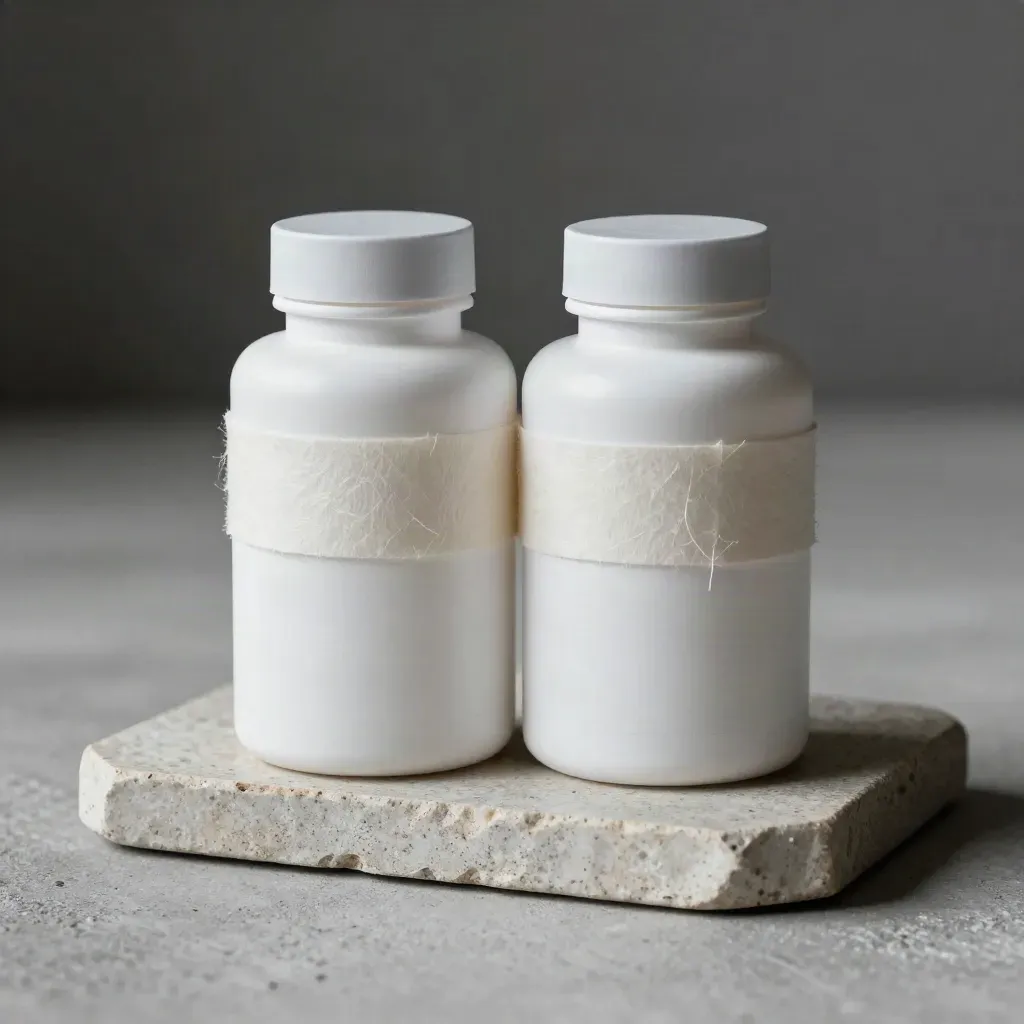 Two unbranded supplement bottles in a stone tray with a paper band, seen close and slightly above.