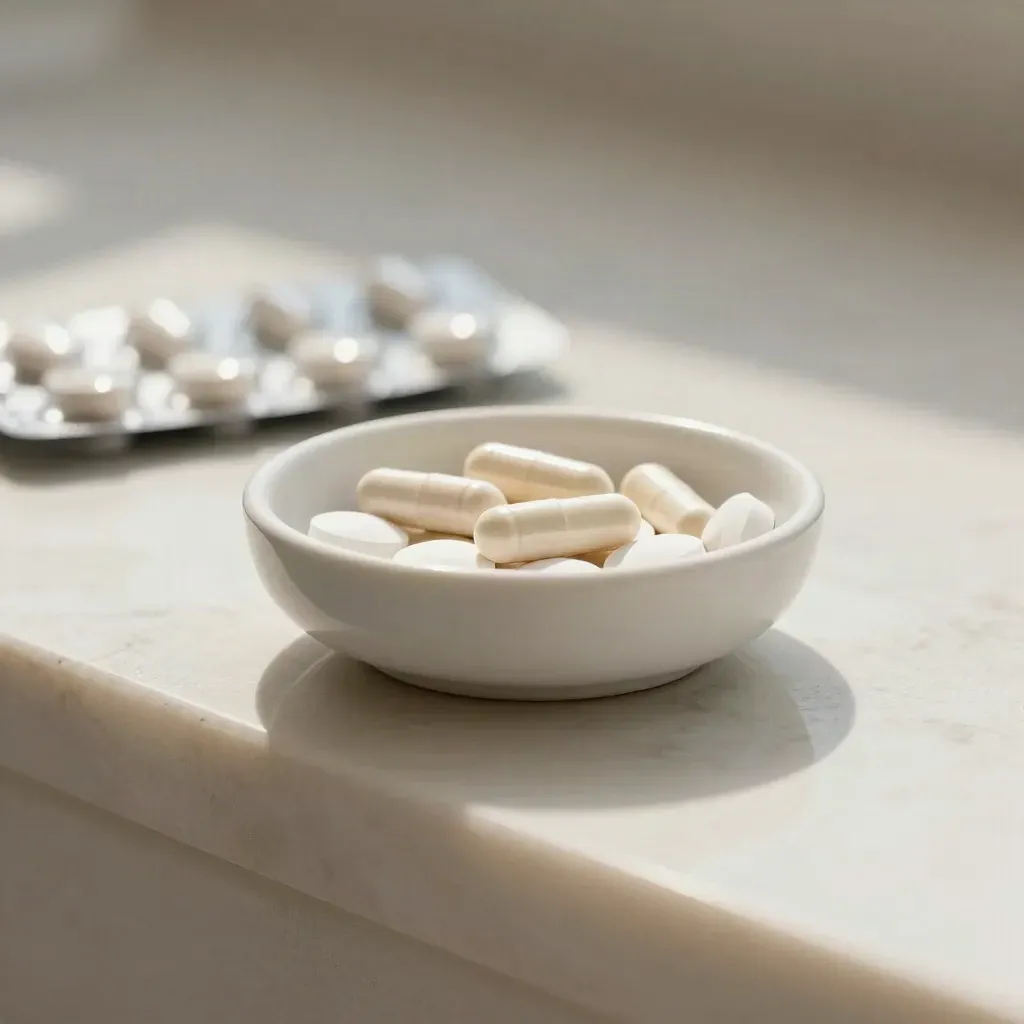 Ivory capsules and tablets in a ceramic bowl on a pale marble counter in soft morning light