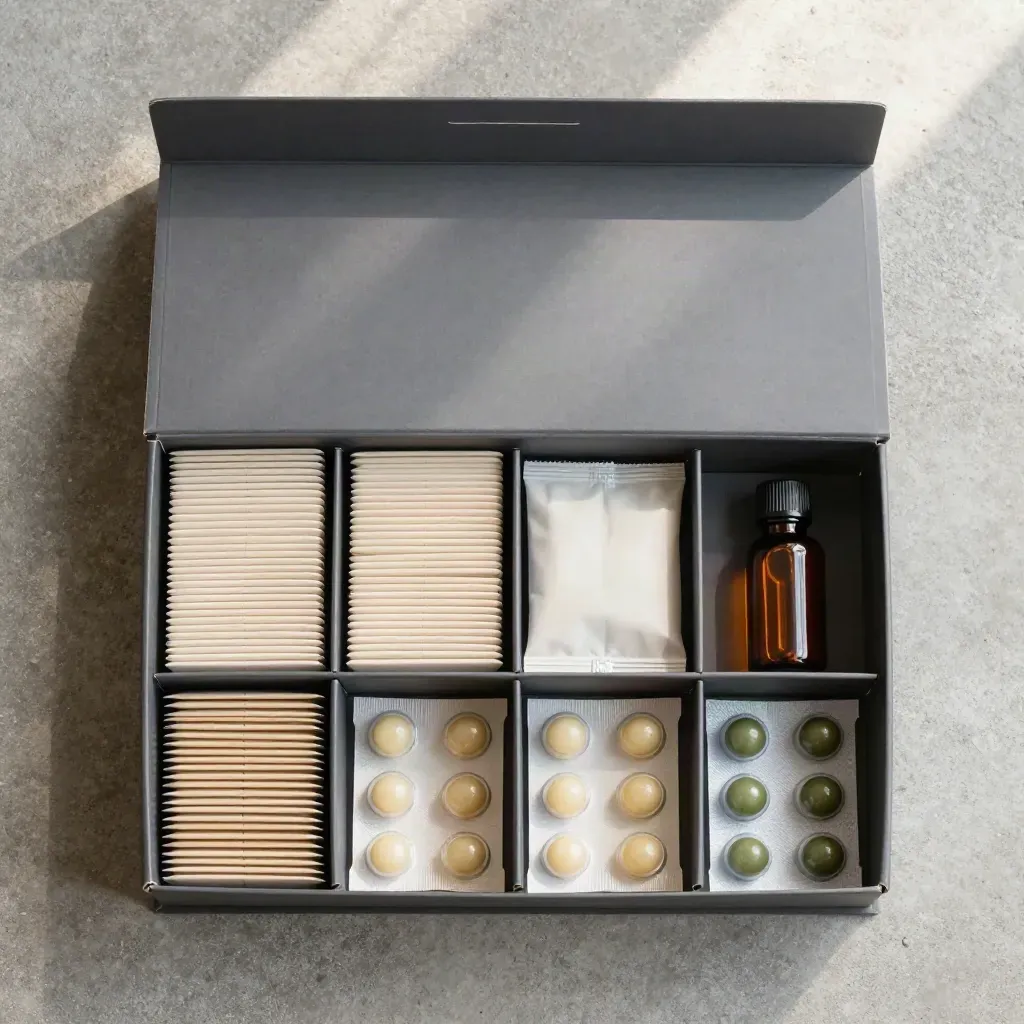 Overhead refill box with capsules, sachets and elderberry bottle on concrete