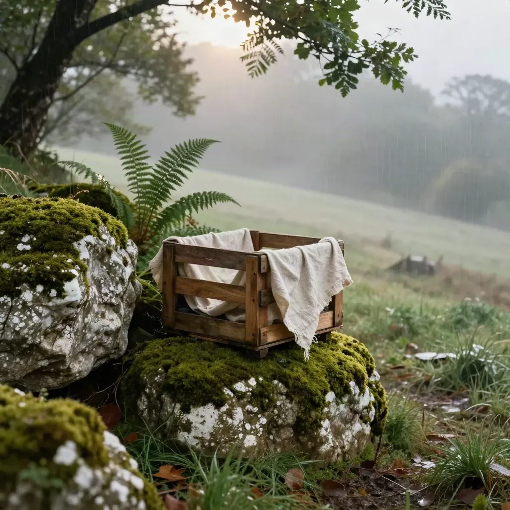 Rainy woodland edge with moss, stones, fern tops and a linen-draped crate in soft sunlight.