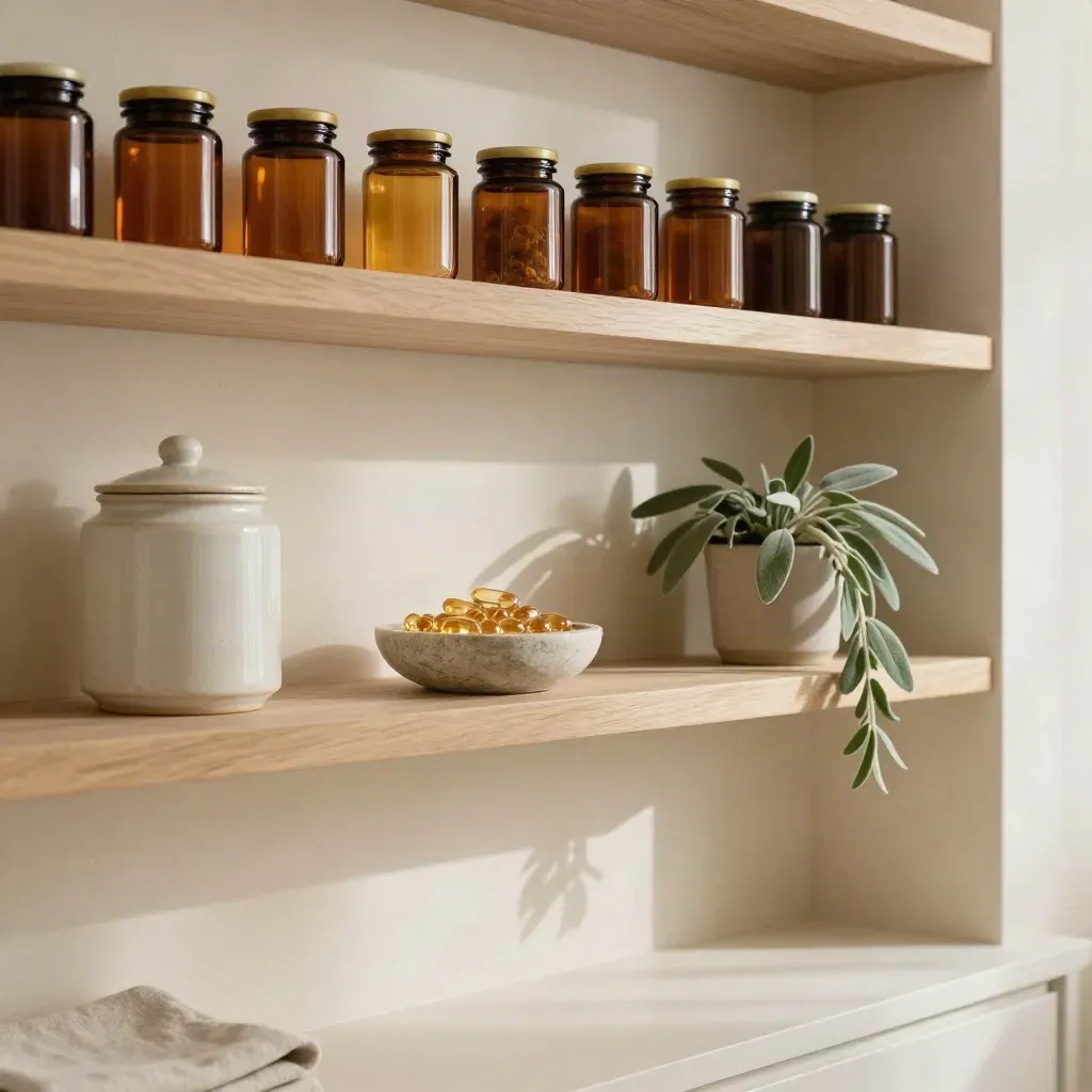 Cream pantry niche with amber jars, ceramic canister, herb pot, and quiet copy space