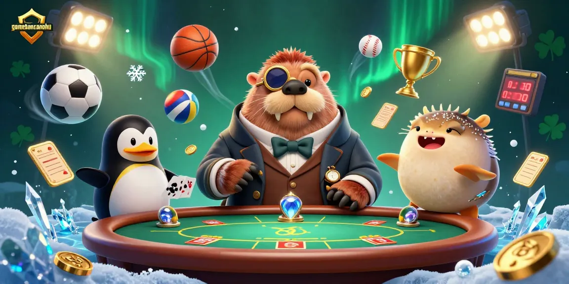 Engage in thrilling plays at gamebancanohu with a walrus, penguin dealer, and pufferfish player in action.