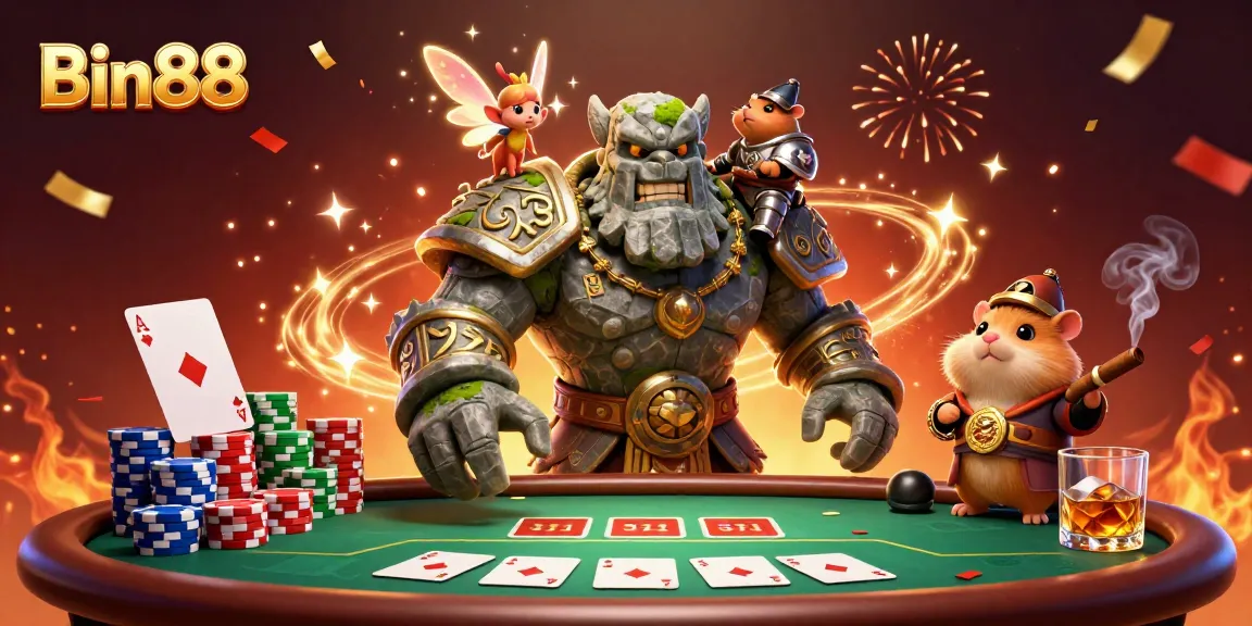 Engage with Bin88 at a vibrant casino scene featuring magical characters and dynamic gaming elements.